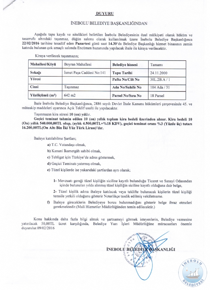 nebolu Belediyesi Dn Salonu halesi 22 ubatta Yaplacak