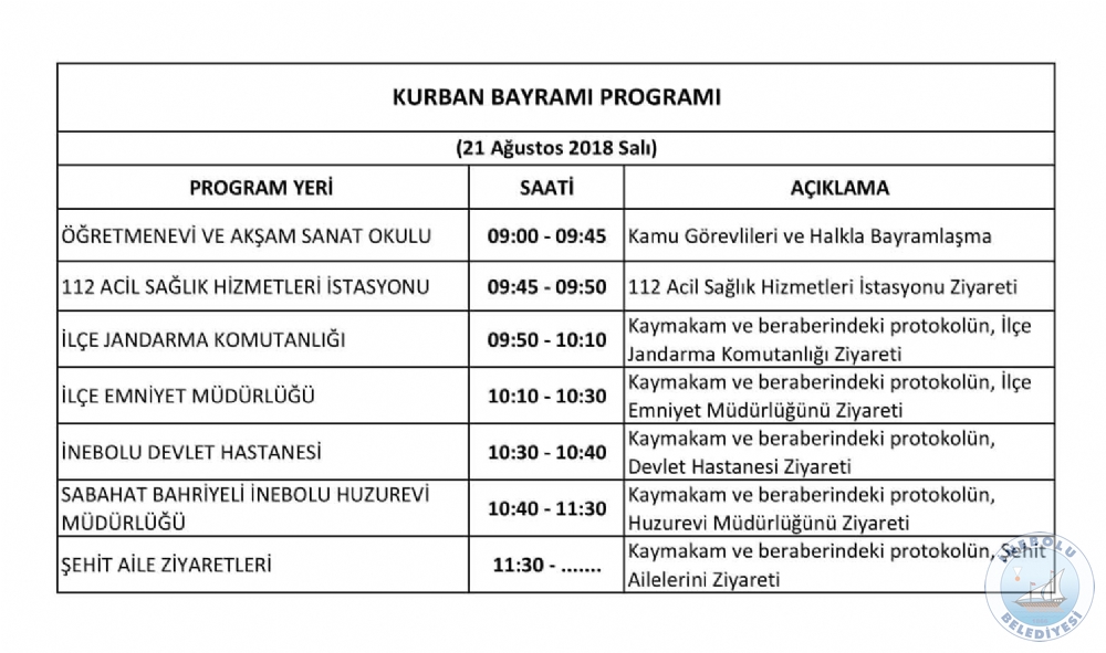 NEBOLU, KURBAN BAYRAMI ZYARET PROGRAMI