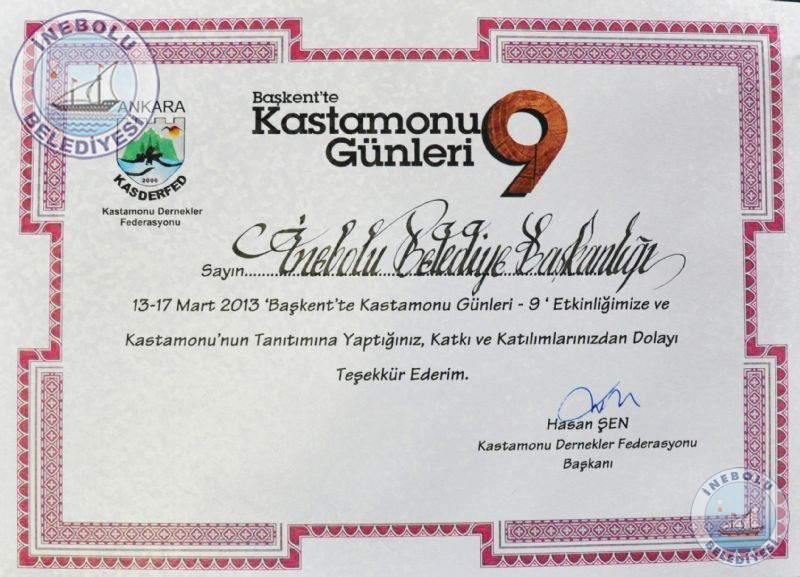 Belediyemize Kasderfed'ten Teekkr Belgesi